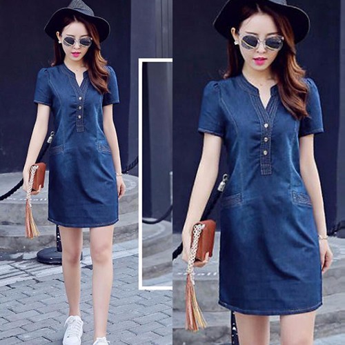 ĐẦM JEAN BIG SIZE FORM SUÔNG CỔ V TÚI XÉO